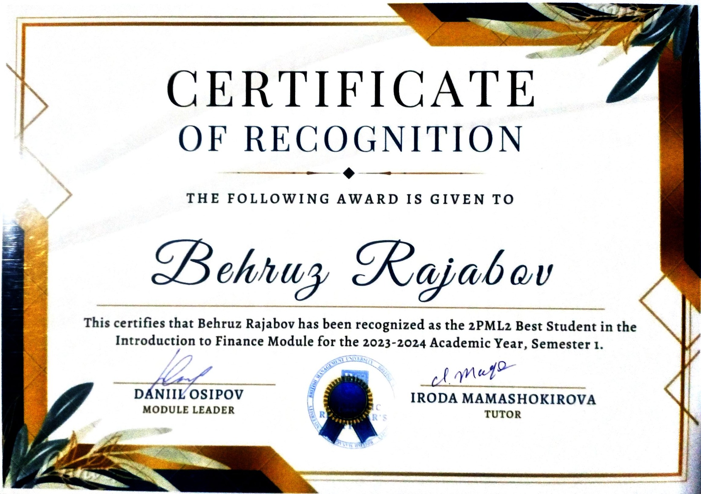 Certificate: Intro to Finance